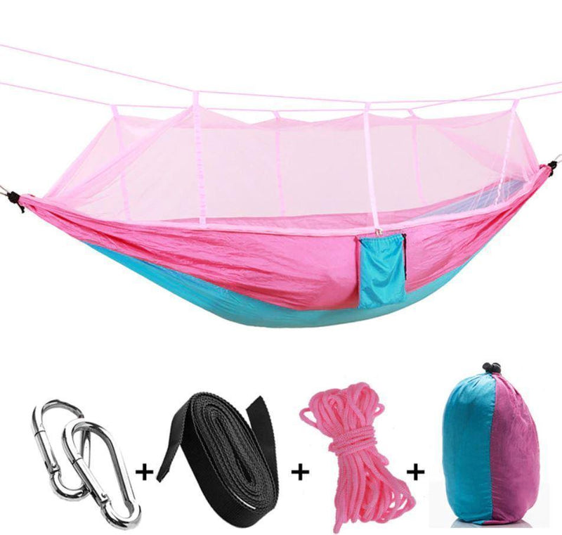 Bestsellrz® Double Camping Hammock With Mosquito Net - The Guardian™  Hammocks pink blue The Guardian™ Hammock