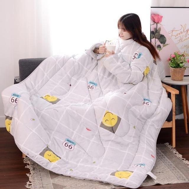 Bestsellrz® Wearable Winter Bed Blanket with Sleeves for Sleeping Reading- Poufit™ Quilt Grey with Emoji Poufit™