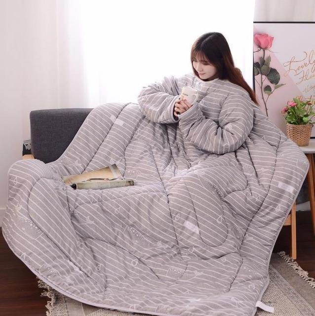 Bestsellrz® Wearable Winter Bed Blanket with Sleeves for Sleeping Reading- Poufit™ Quilt Grey with Stripes Poufit™