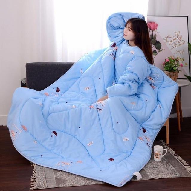 Bestsellrz® Wearable Winter Bed Blanket with Sleeves for Sleeping Reading- Poufit™ Quilt Light Blue with Umbrella Poufit™