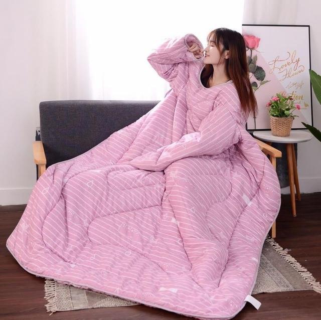 Bestsellrz® Wearable Winter Bed Blanket with Sleeves for Sleeping Reading- Poufit™ Quilt Pink with Stripes Poufit™