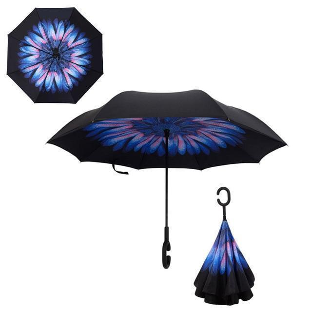 Bestsellrz® Windproof Inverted Reversible Folding Umbrella C Handle - Fliprella™ Reversible Umbrellas Blue Daisy Fliprella™