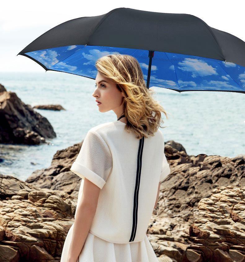 Bestsellrz® Windproof Inverted Reversible Folding Umbrella C Handle - Fliprella™ Reversible Umbrellas Blue Sky Fliprella™