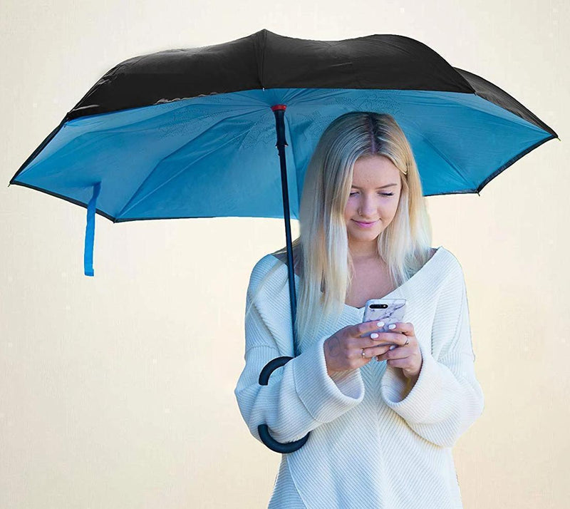 Bestsellrz® Windproof Inverted Reversible Folding Umbrella C Handle - Fliprella™ Reversible Umbrellas Light Blue Fliprella™