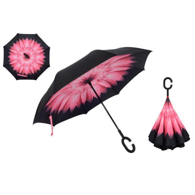 Bestsellrz® Windproof Inverted Reversible Folding Umbrella C Handle - Fliprella™ Reversible Umbrellas Pink Daisy Fliprella™