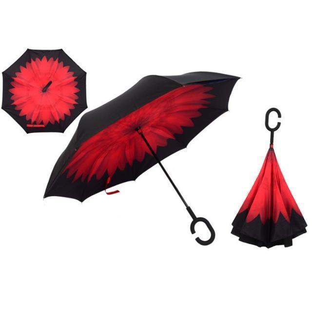 Bestsellrz® Windproof Inverted Reversible Folding Umbrella C Handle - Fliprella™ Reversible Umbrellas Red Daisy Fliprella™