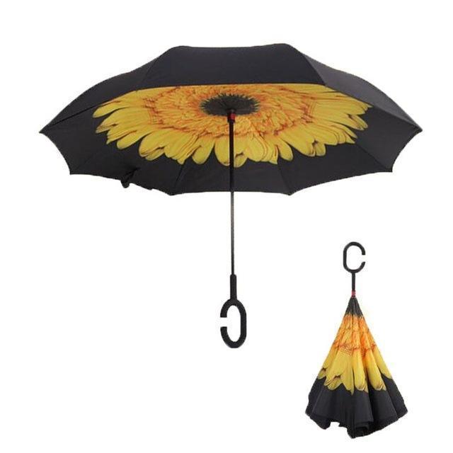 Bestsellrz® Windproof Inverted Reversible Folding Umbrella C Handle - Fliprella™ Reversible Umbrellas Sunflower Fliprella™